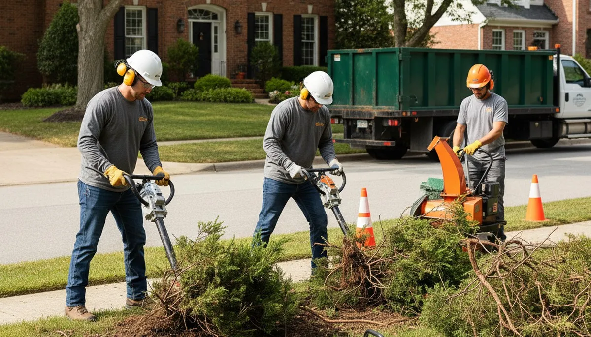 Richmond, VA arborists removing overgrown shrubs from a residential yard